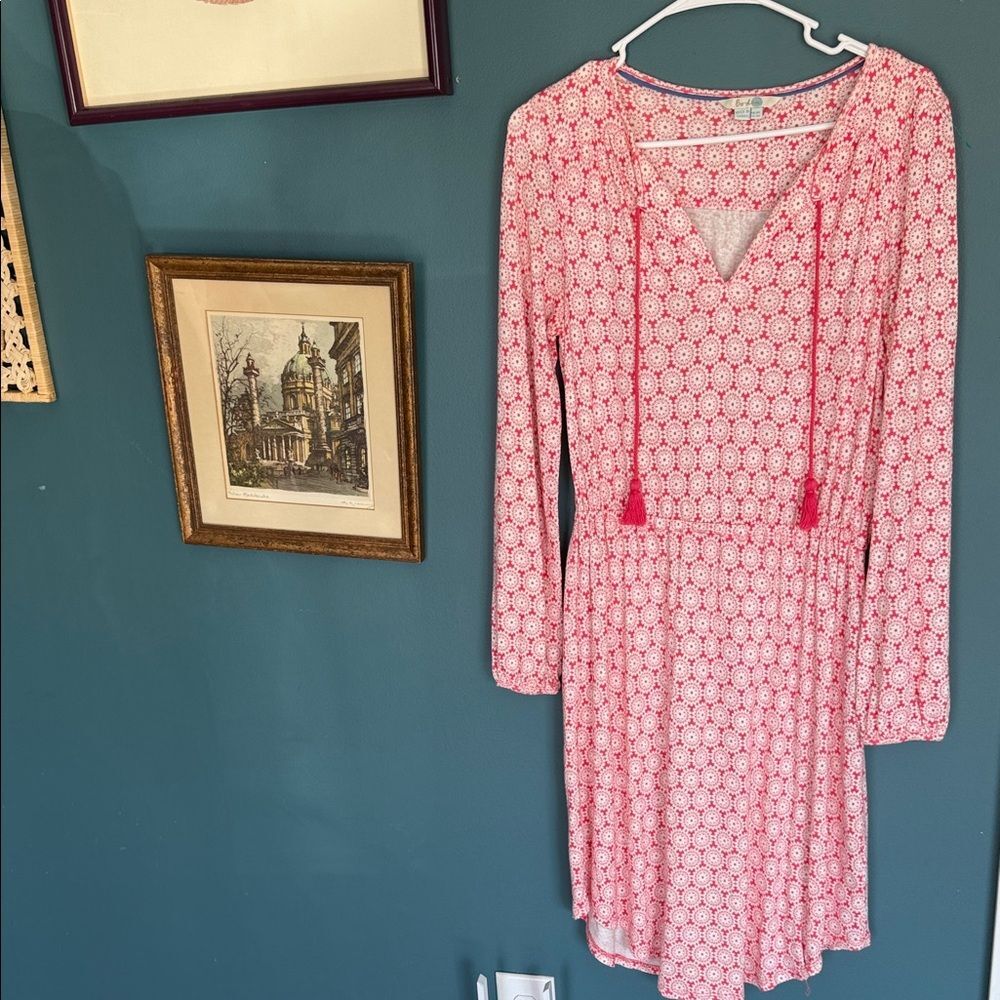 Boden Coral Printed Long-Sleeve Tassel Tie Dress